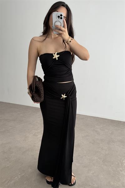 Yıldız Broş Detaylı Sandy Bluz Etek Takım Siyah