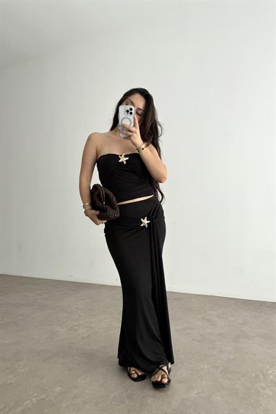 Yıldız Broş Detaylı Sandy Bluz Etek Takım Siyah