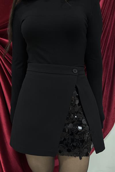 Yırtmacı Pullu Siyah Mini Etek