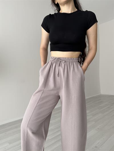 Yüksek Belli Keten Kahve Dar Paça Pantolon