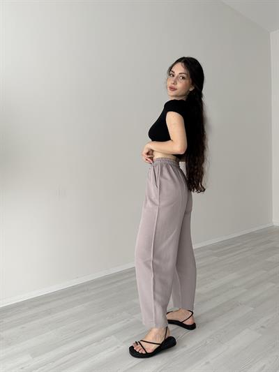 Yüksek Belli Keten Kahve Dar Paça Pantolon