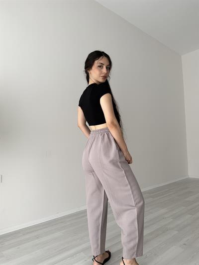 Yüksek Belli Keten Kahve Dar Paça Pantolon