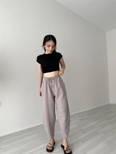 Yüksek Belli Keten Kahve Dar Paça Pantolon