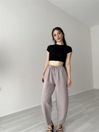 Yüksek Belli Keten Kahve Dar Paça Pantolon