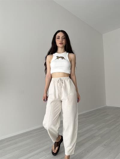 Yüksek Belli Keten Taş Dar Paça Pantolon
