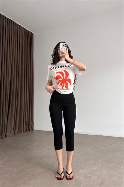 Yüksek Belli Paçası Yırtmaçlı Toparlayıcı Kapri Tayt