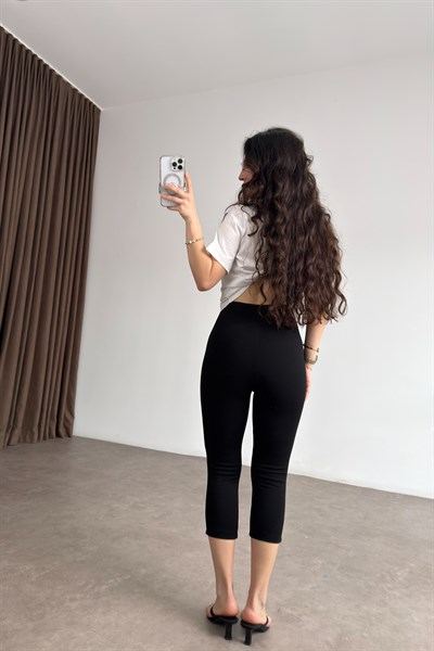 Yüksek Belli Paçası Yırtmaçlı Toparlayıcı Kapri Tayt