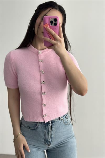 Yumoş Kurdele Düğmeli Pembe Hırka