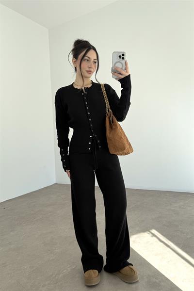 Zımbalı Bele Oturan Siyah Takım