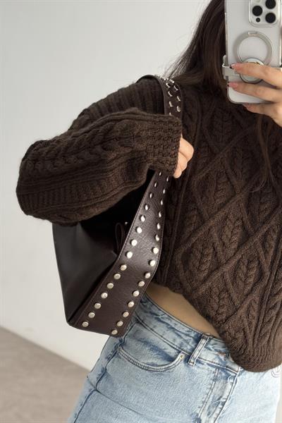 Zımbalı Deri Baget Acı Kahve Çanta