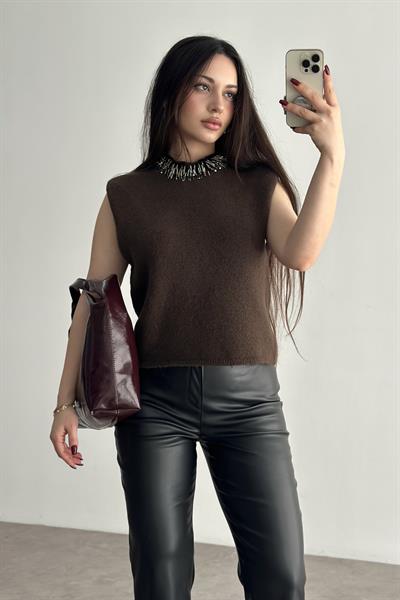 Zr. Boncuklu Bisiklet Yaka Kolsuz Örgü Bluz 