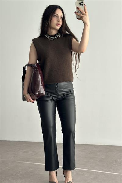 Zr. Boncuklu Bisiklet Yaka Kolsuz Örgü Bluz 