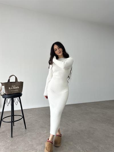ZR Model Bağlama Detaylı Triko Beyaz Elbise