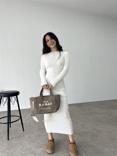 ZR Model Bağlama Detaylı Triko Beyaz Elbise