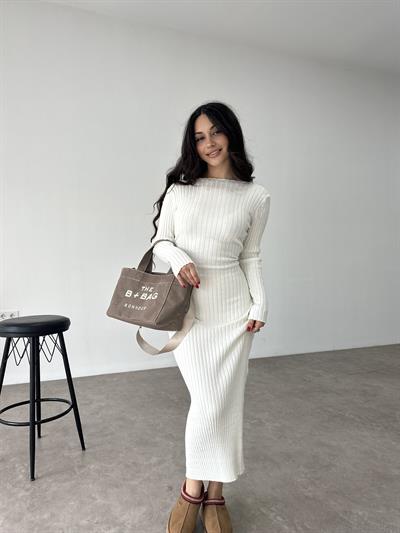 ZR Model Bağlama Detaylı Triko Beyaz Elbise