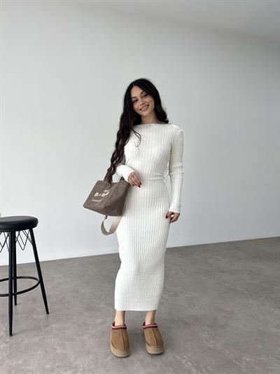ZR Model Bağlama Detaylı Triko Beyaz Elbise