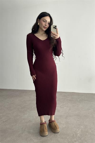 ZR Model Bağlama Detaylı Triko Bordo Elbise
