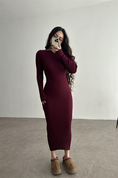 ZR Model Bağlama Detaylı Triko Bordo Elbise