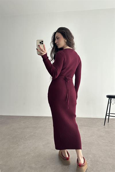 ZR Model Bağlama Detaylı Triko Bordo Elbise