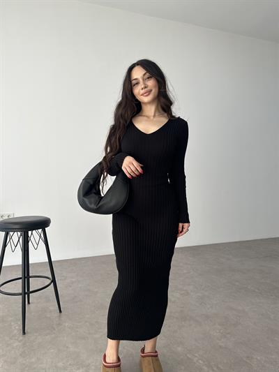 ZR Model Bağlama Detaylı Triko Siyah Elbise