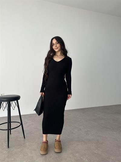 ZR Model Bağlama Detaylı Triko Siyah Elbise