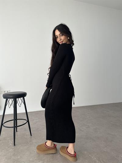 ZR Model Bağlama Detaylı Triko Siyah Elbise