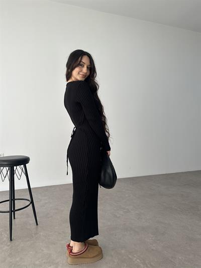 ZR Model Bağlama Detaylı Triko Siyah Elbise