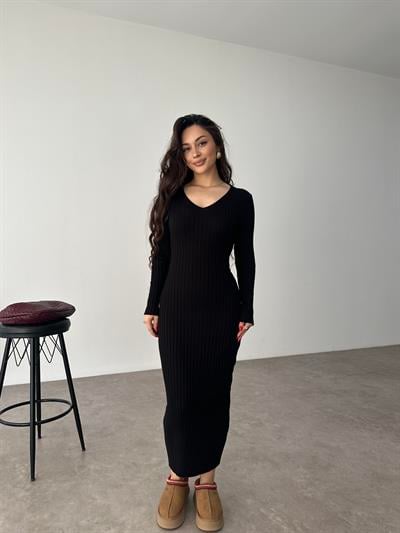 ZR Model Bağlama Detaylı Triko Siyah Elbise