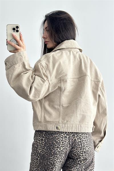 Zr Cep Detaylı Bej Denim Ceket