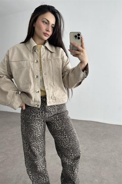 Zr Cep Detaylı Bej Denim Ceket
