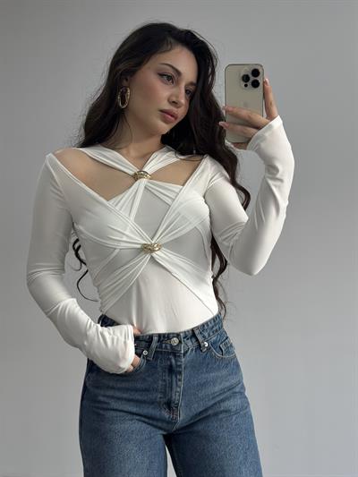 ZR Gold Tokalı Tasarım Beyaz Bluz