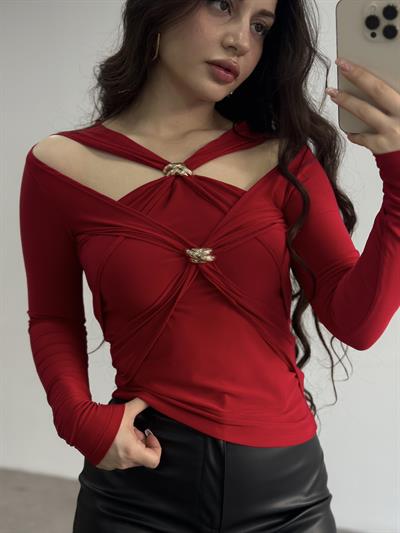 ZR Gold Tokalı Tasarım Kırmızı Bluz