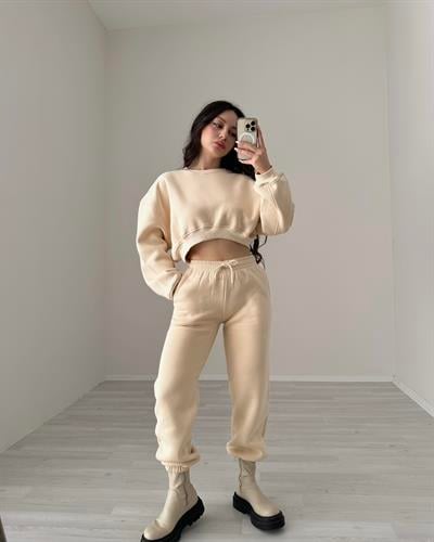 ZR Model Crop Bej Eşofman Takımı