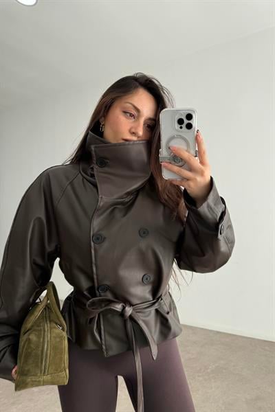 Zr Model Dik Yakalı Deri Acı Kahve Trençkot