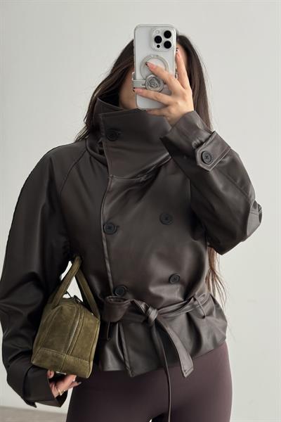 Zr Model Dik Yakalı Deri Acı Kahve Trençkot