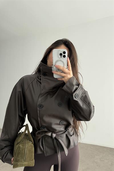 Zr Model Dik Yakalı Deri Acı Kahve Trençkot