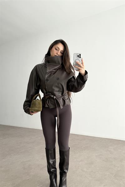 Zr Model Dik Yakalı Deri Acı Kahve Trençkot