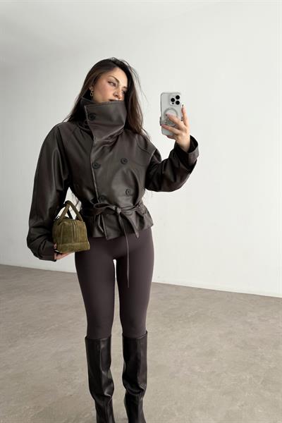 Zr Model Dik Yakalı Deri Acı Kahve Trençkot