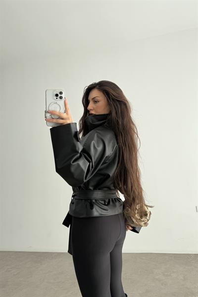Zr Model Dik Yakalı Deri Siyah Trençkot