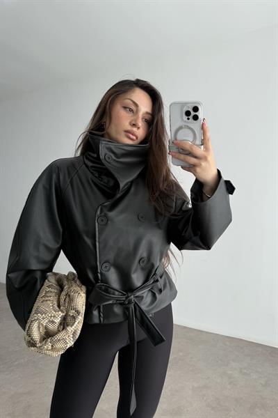 Zr Model Dik Yakalı Deri Siyah Trençkot