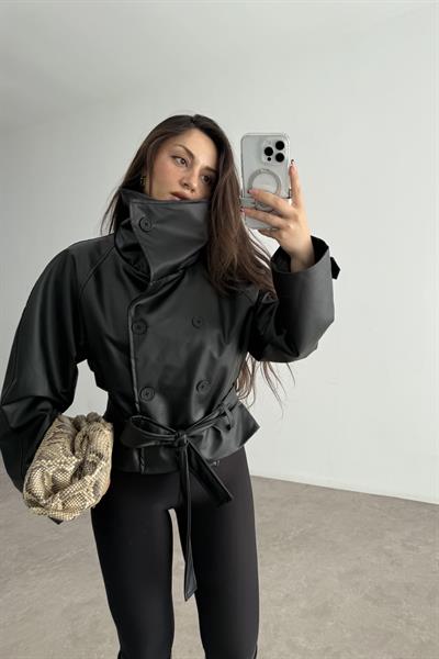 Zr Model Dik Yakalı Deri Siyah Trençkot
