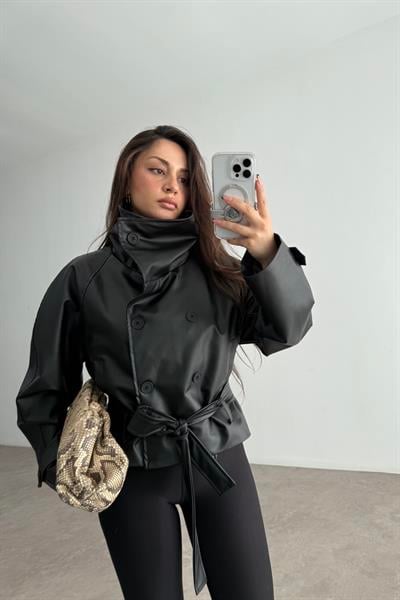 Zr Model Dik Yakalı Deri Siyah Trençkot