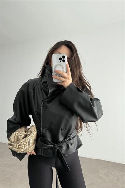 Zr Model Dik Yakalı Deri Siyah Trençkot