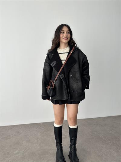 ZR Model Yakalı Teddy Kürklü Siyah Mont