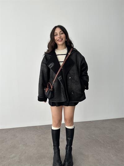 ZR Model Yakalı Teddy Kürklü Siyah Mont