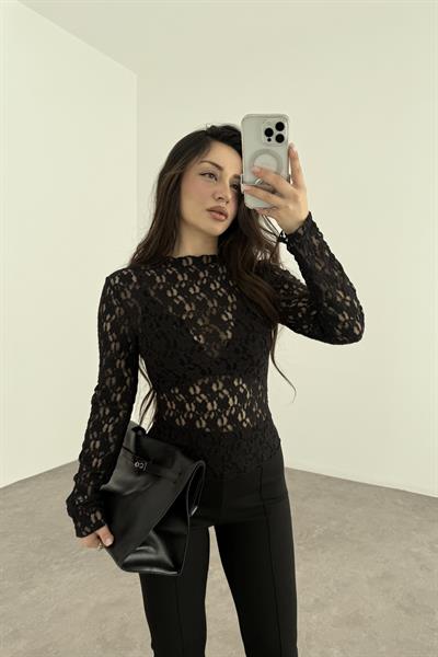 Zr Orijinal Çiçek Güpürlü Siyah Transparan Body 