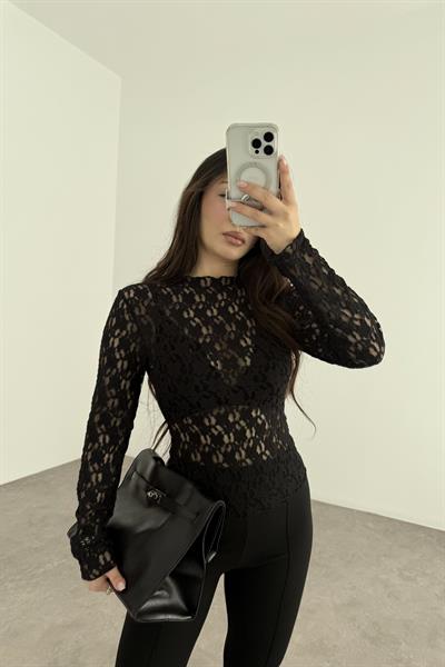 Zr Orijinal Çiçek Güpürlü Siyah Transparan Body 