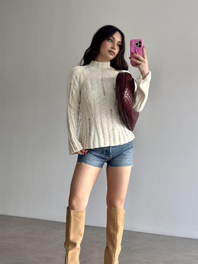 Orijinal Yıpranmış Modelli Zr. Modal Ekru Kazak