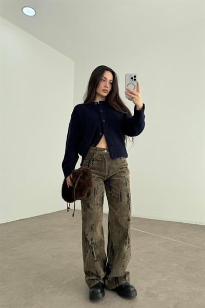 ZR Süet Kaplı Eskitme Detaylı Denim Haki Jean