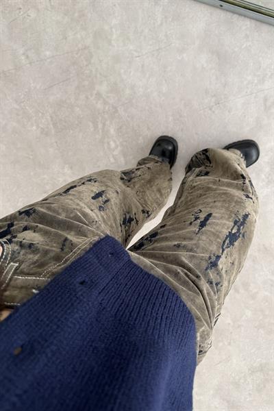 ZR Süet Kaplı Eskitme Detaylı Denim Haki Jean